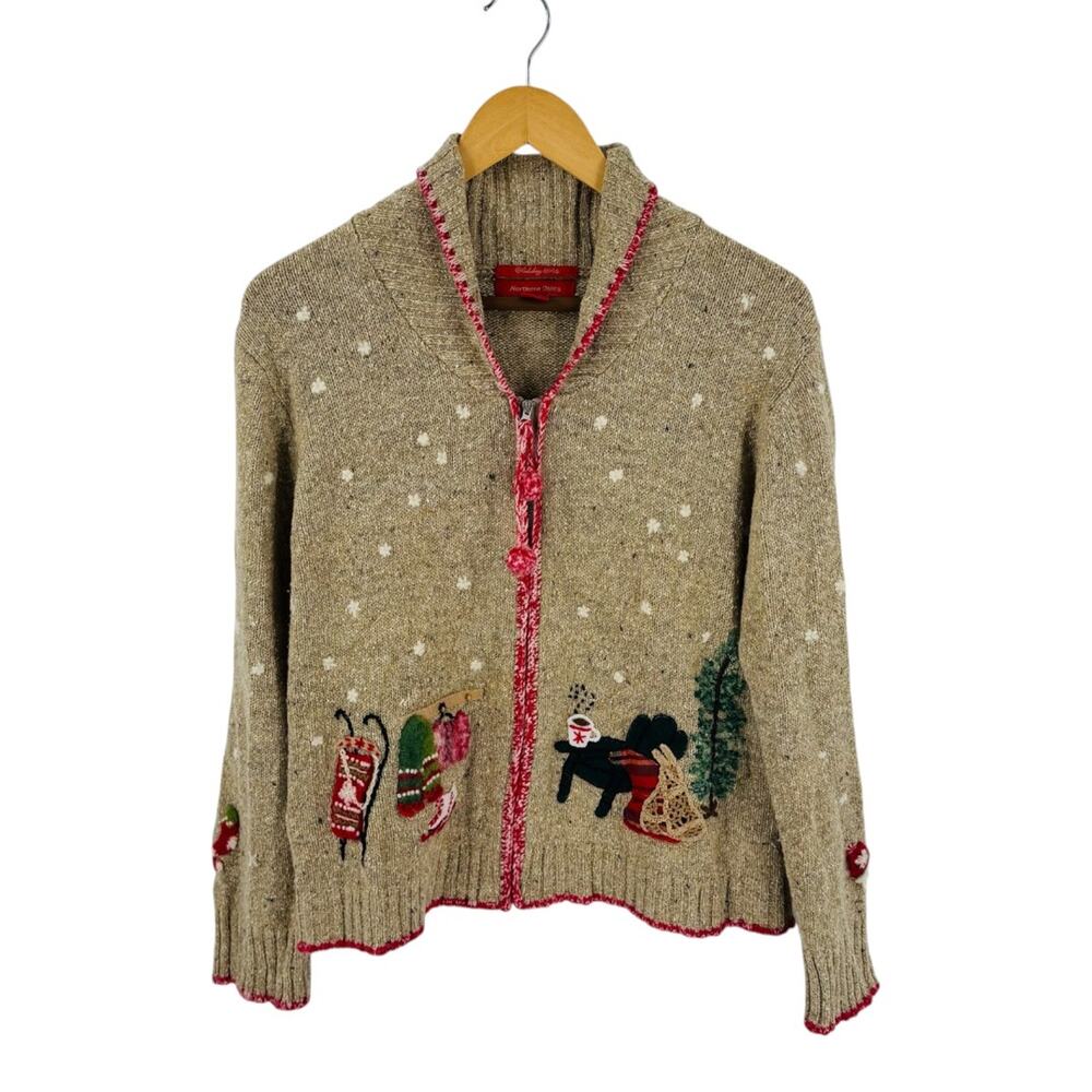 Vintage Northern Isles Holiday Zip Cardigan Beige Red Snowflake Sweater Size XL